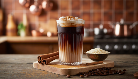 A glass of Horchata Cold Brew with clear ice cubes, layered with dark coffee and creamy horchata, on a wooden table with cinnamon, rice, and coffee beans, set against a cozy kitchen backdrop.